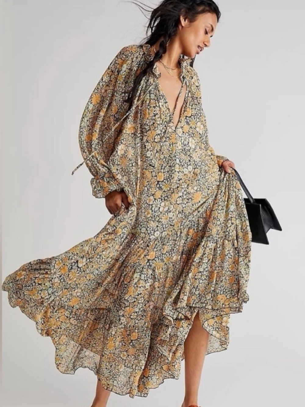 Free People Floral Tie-Neck Maxi Dress in Mustard and Cream